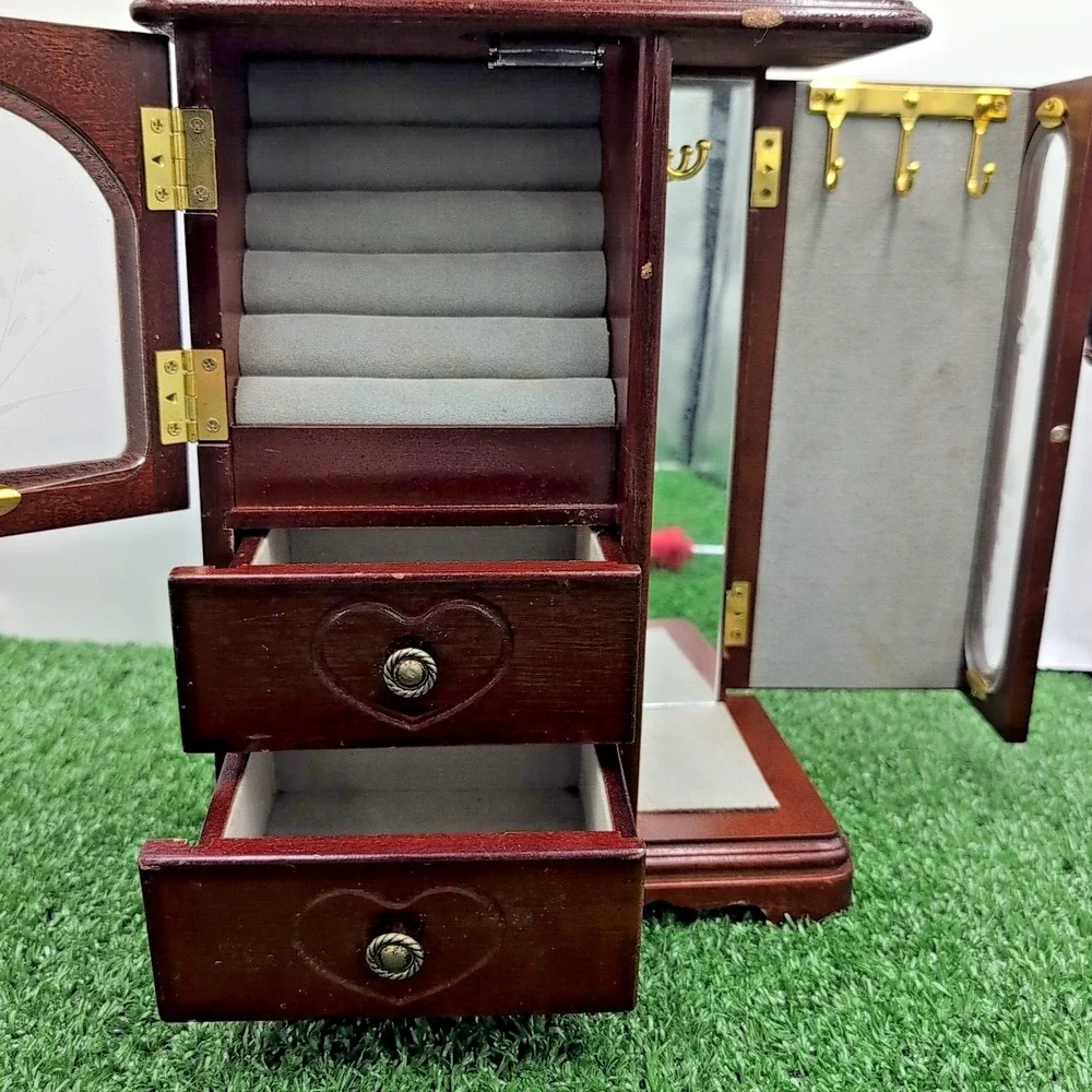 Brown Wooden Floral Heart Jewelry Box with Mirror, Drawers, Hooks, Velvet Lining